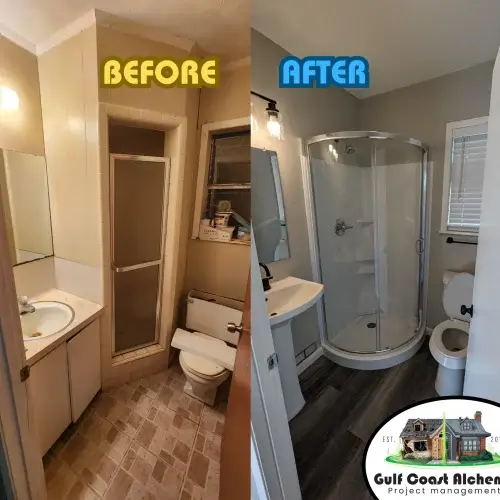 Annaville - before and after small bathroom - new floor, new prefab shower, new vanity, new toilet, new mirror, new lights, new faucet