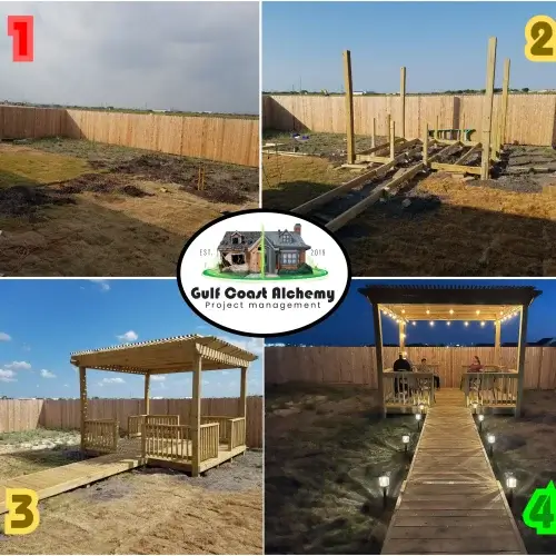 Before & After - Calallen - Pergoa, ground level deck, walkway, railing custom build
