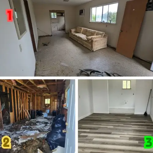 Before & After - Garage Conversion - full demo and rebuild, new drywall, insulation, flooring, tile, LVP
