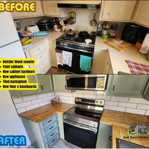 Before & After Kitchen Remodel, Painted cabinets, new stove, new counters, backsplash, sink, painting and flooring