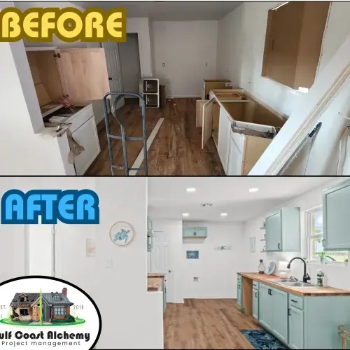 Before & After Kitchen Remodel, new cabinets, new counters, sink, lighting, painting and flooring