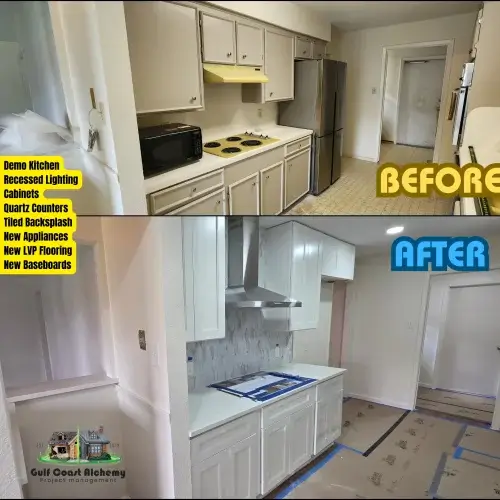 Before & After Kitchen Remodel, new cabinets, new fridge, new range top, new counters, backsplash, sink, painting and flooring