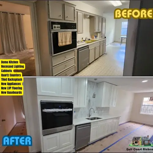 Before & After Kitchen Remodel, new cabinets, new oven, new dishwasher, new counters, backsplash, sink, painting and flooring