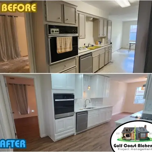 Before-After-Kitchen-Remodel-new-cabinets-new-oven-new-dishwasher-new-counters-backsplash-sink-painting-and-flooring - angle 1