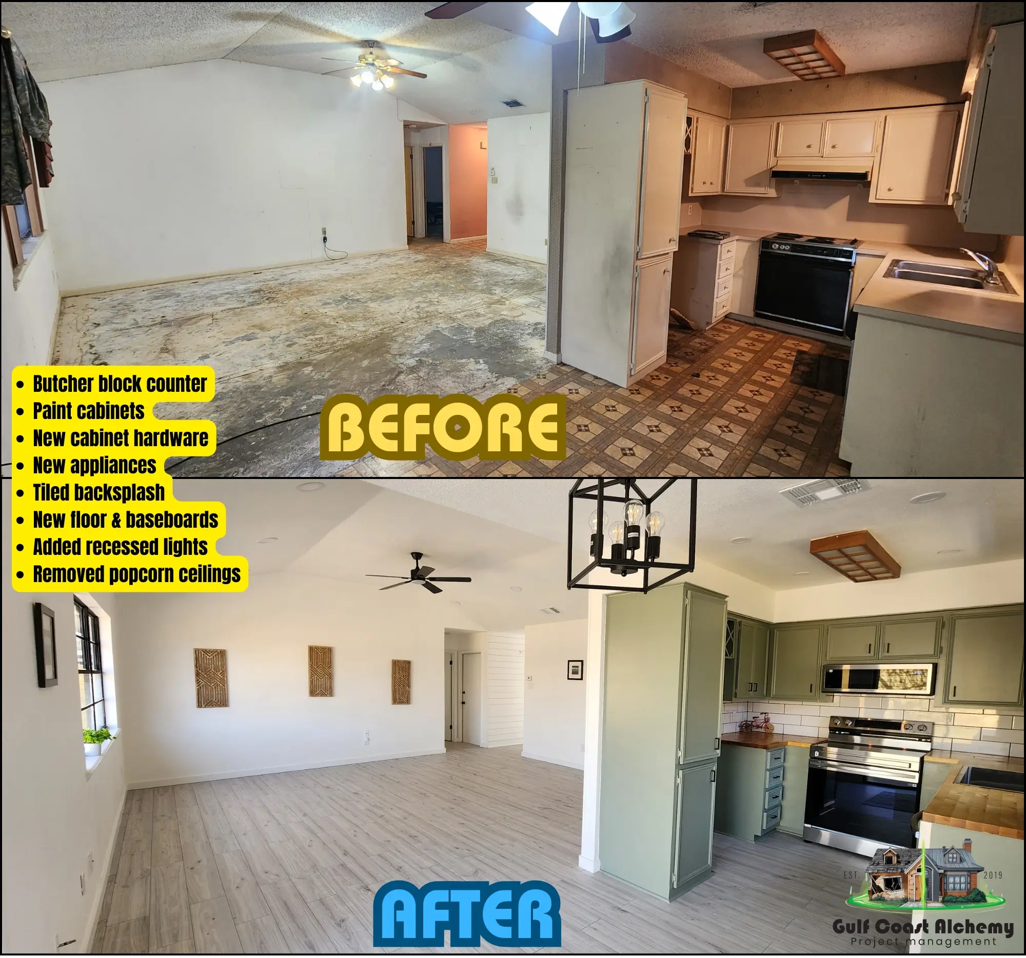 Investment flip home, we were able to fully remodel this home from foundation and reroute to brand new tiled bathrooms and kitchen. Whole home drywall, painting, flooring, and new fixtures throughout.
