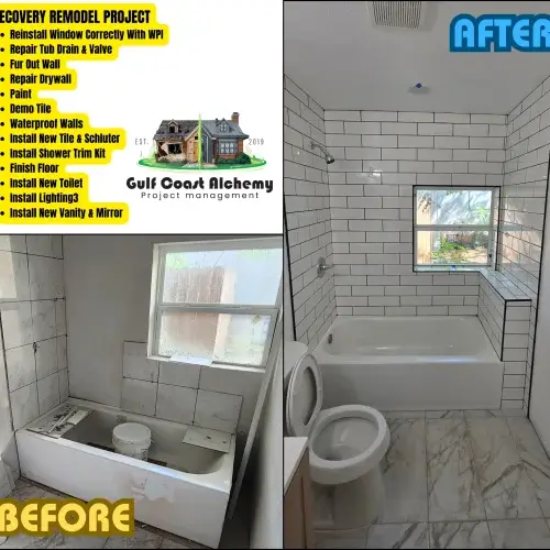 Ingleside bathroom recovery - demo, tile walls, schluter edging, repair flooring, reinstall window, reinstall tub, reinstall toilet