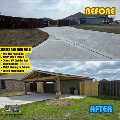 Custom carport & shed build in Kingsville Texas. With a foundation, framing, roofing, windows, doors, siding, decorative ceilings and masonry.