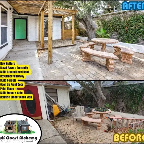 Courtyard renovation with pavers, a deck, concrete sidewalk, pergola, fence and gate all custom built.