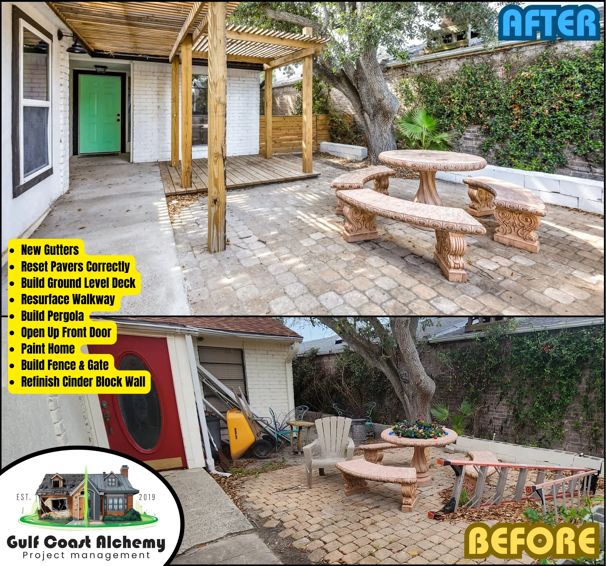 Courtyard renovation with pavers, a deck, concrete sidewalk, pergola, fence and gate all custom built.