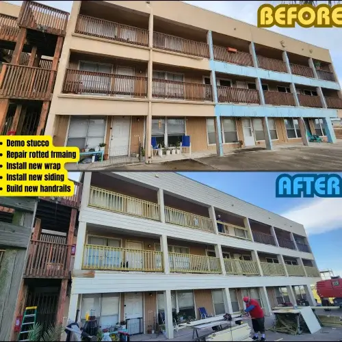 Padre Island Condo Building Repairs - framing and leveling - new siding and water proofing - phase 2